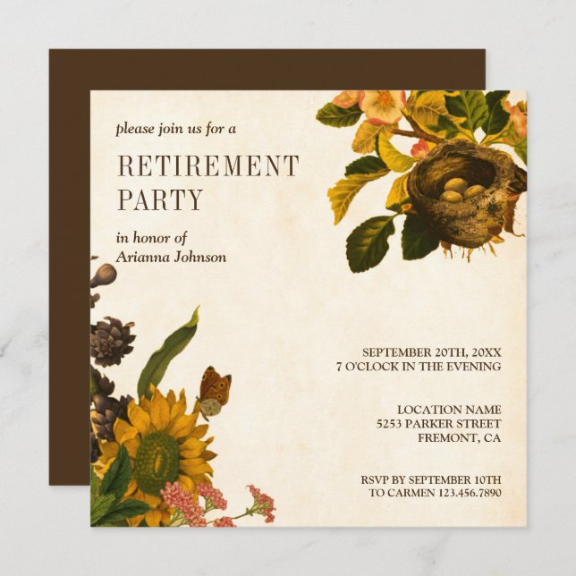 Convites Vintage Rustic Floral Retirement Party (Frente/Verso)