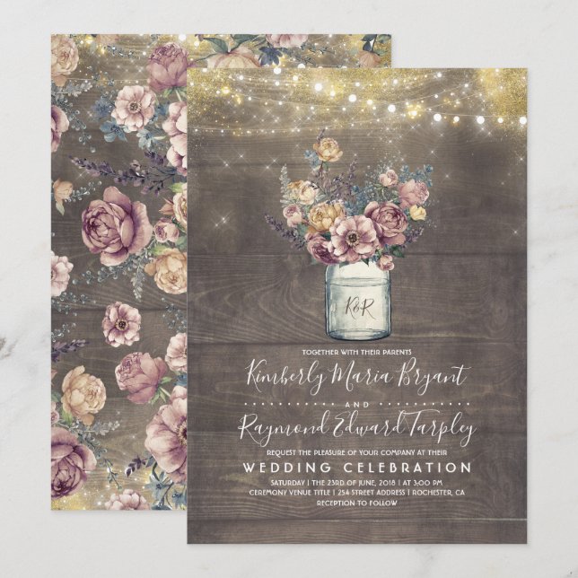 Convites Vintage Rustic Mason Jar Mauve e Dourado Casamento (Frente/Verso)