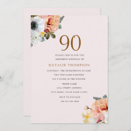 Convites Vintage Rustic Peach Floral 90 Birthday Invite