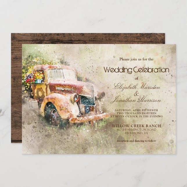 Convites Vintage Rustic Truck Trendy Wedding (Frente/Verso)