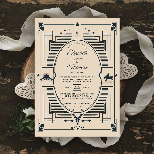 Convites Vintage Rustic Vintage Western Elegant (western wedding invitation cowboy cowgirl country rustic ranch barn outdoor vintage southwest desert)