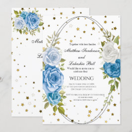 Convites Vintage Rustic Wedding Blue Flowers gold stars