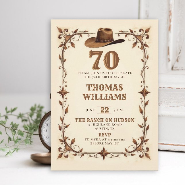 Convites Vintage Rustic Western Star Cowboy 70th Birthday  (cowboy birthday invitation men 70th rustic vintage star country western husband dad grandpa)