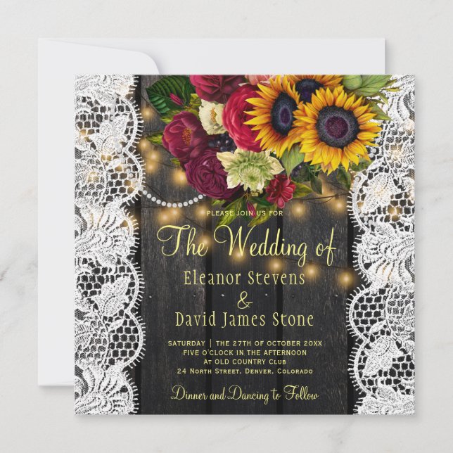 Convites Vintage rústicos, girassóis e rosa (Frente)