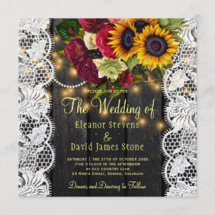 Convites Vintage rústicos, girassóis e rosa