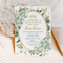 Vintage Sage Green Floral Butterflies Quinceañera