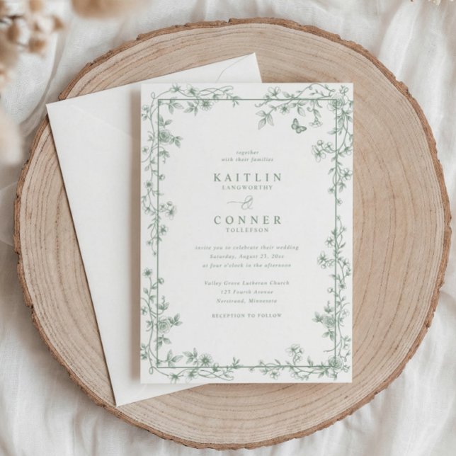 Convites Vintage Sage Green French Floral Toile Wedding (Vintage French sage green wedding invitation with elegant chinoiserie floral frame and toile details)