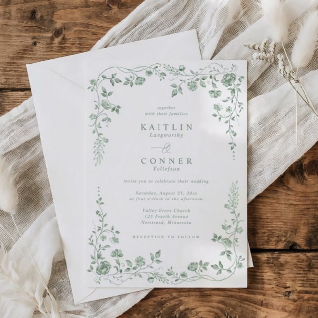 Convites Vintage Sage Green French Floral Wedding (Sage green vintage French wedding invitation with elegant chinoiserie floral frame design)