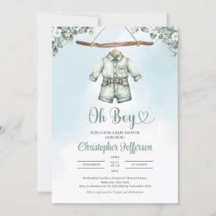 Convites Vintage sage, roupas de bebê verdes do eucalipto