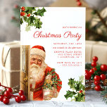 Convites Vintage Santa Claus Festa de Natal Retrospectiva<br><div class="desc">Comemore a época de férias com este charmoso convite de festas de Natal, com uma ilustração antiga de Papai Noel segurando presentes. O design retro, completo com sotaques ocos e uma cana doce riscada para trás, evoca um espírito nostálgico de feriado, perfeito para criar uma atmosfera quente e festiva. Personalize...</div>