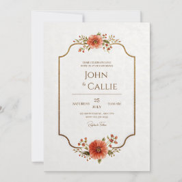 Convites Vintage Scalloped Coral Wildflower Gilded Wedding