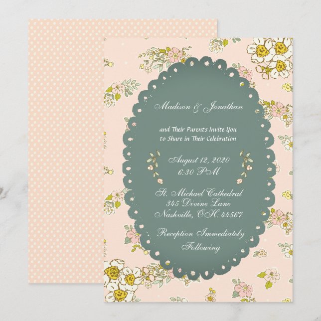 Convites Vintage Script Floral Blush Wedding (Frente/Verso)