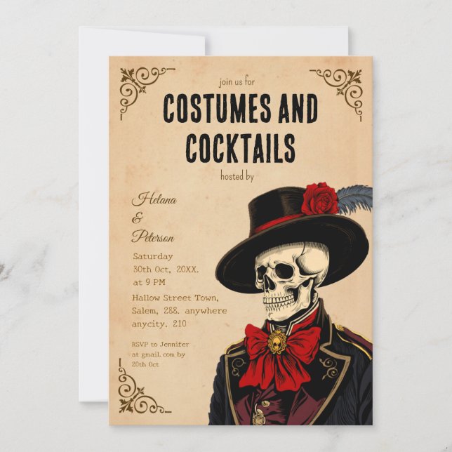 Convites Vintage Skeleton Halloween Costumes e Cocktails (Frente)