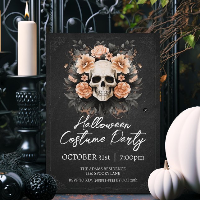 Convites Vintage Skull Halloween (Elegant vintage style Halloween party invitations.)