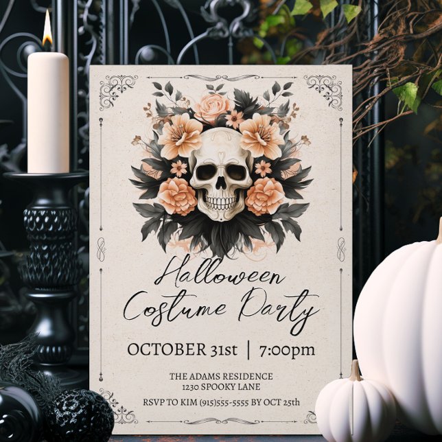 Convites Vintage Skull Halloween (Elegant vintage style Halloween party invitations.)