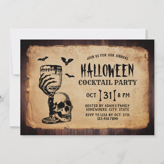 Convites Vintage Skull Halloween Cocktail Party (Frente)
