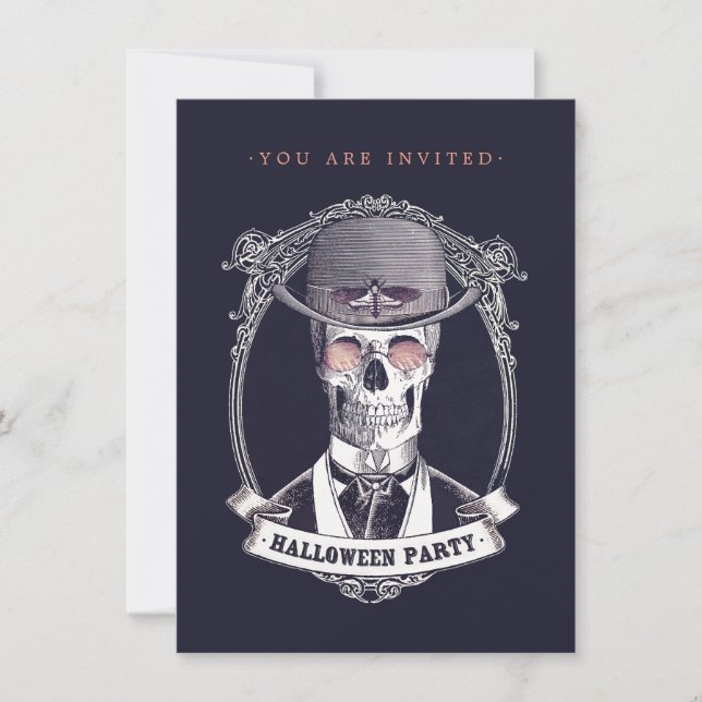 Convites Vintage Skull Skeleton Halloween Party (Frente)
