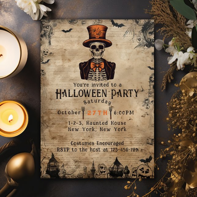 Convites Vintage Skull Top Hat Adult Halloween Party (Adult Costumes and Cocktails Themed Halloween Party Invitation. Elegant Vintage skull with top hat.)