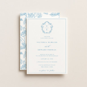 Convites Vintage Sky Blue Crest Monograma Casamento