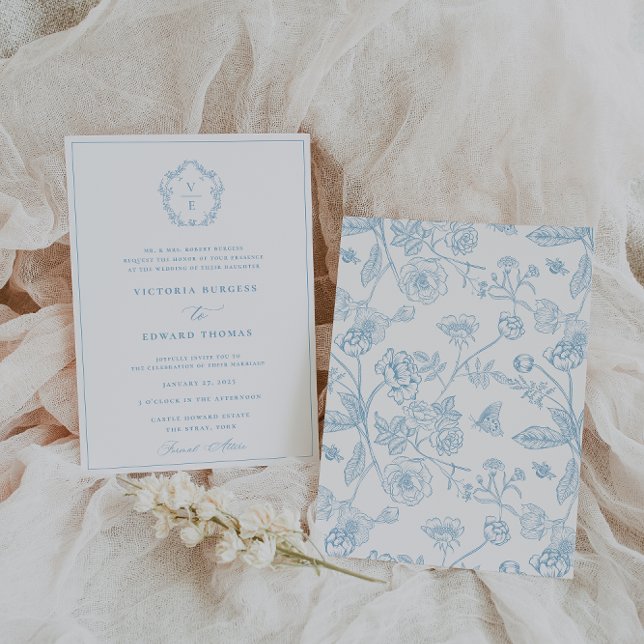 Convites Vintage Sky Blue Crest Monograma Casamento (Criador carregado)