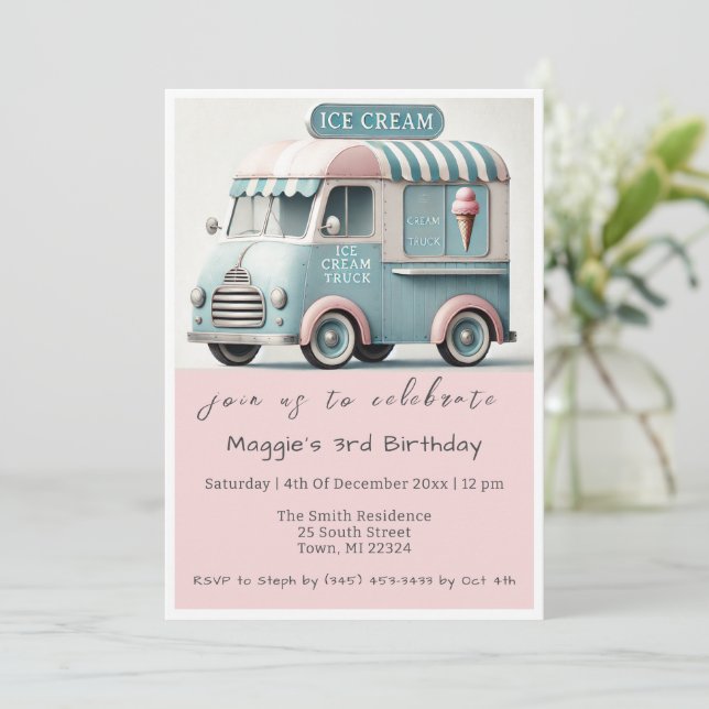 Convites Vintage Sorvete Truck Birthday (Em pé/Frente)