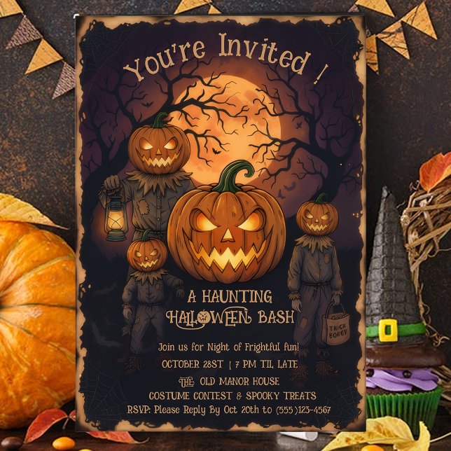 Convites Vintage Spooky Pumpkin Head Halloween Bash Invitat (Criador carregado)