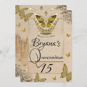 Convites Vintage Storybook Dourado Butterfly Quinceañera