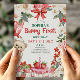 Convites Vintage strawberry Berry First Birthday Invitation