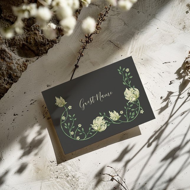 Convites Vintage style art nouveau nome de convidado (Art nouveau grey "guest name" place card with pretty white flowers and green leaves)