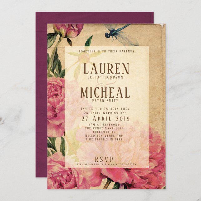 Convites Vintage Style Peony & Dragonfly Invitation (Frente/Verso)