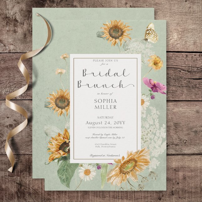 Convites Vintage Summer Sunflower Green Bridal Brunch (Vintage Sunflower Green Bridal Brunch Invitation)