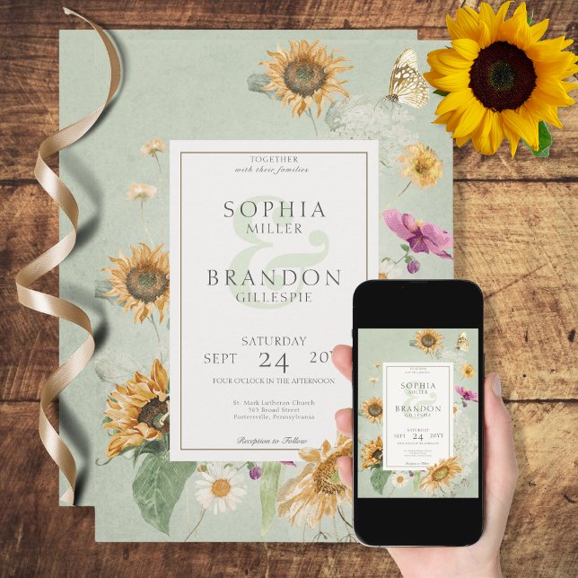 Convites Vintage Summer Sunflower Wedding (Criador carregado)