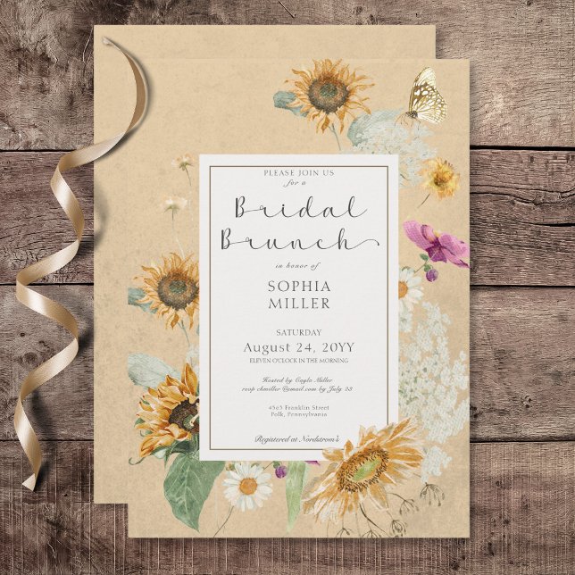 Convites Vintage Summer Sunflower Yellow Bridal Brunt (Vintage Summer Sunflower Yellow Bridal Brunch Invitation)