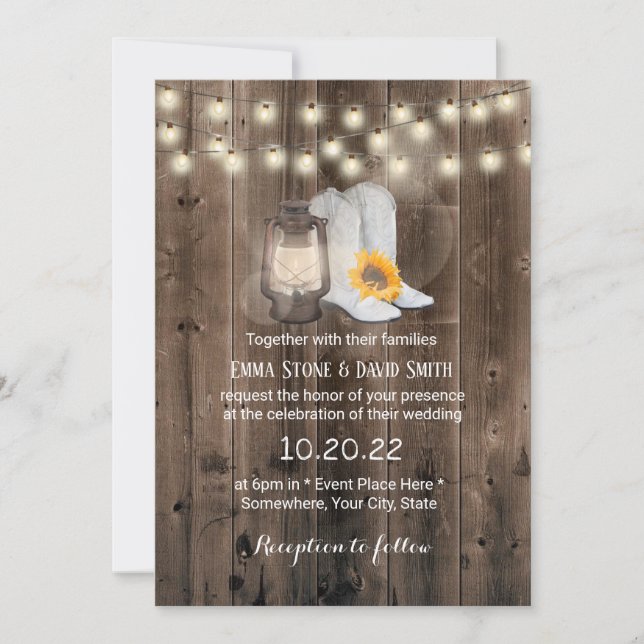 Convites Vintage Sunflower Boots & Lantern Western Weds (Frente)