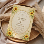 Convites Vintage Sunflower Garden Wedding<br><div class="desc">A warm and romantic wedding design inspired by rustic countryside celebrations. Bright watercolor sunflowers bloom in the corners around an elegant scalloped frame, set against a soft parchment background that gives the design a timeless vintage feel. Delicate butterflies and botanical accents add a gentle garden charm, creating a joyful and...</div>