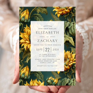 Convites Vintage Sunflower Yellow Dark Green Wedk