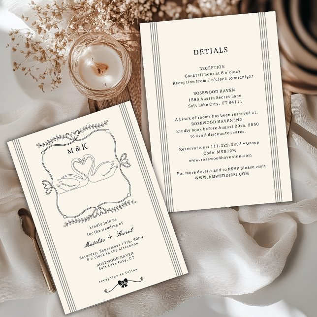 Convites Vintage Swans All In One Monogram Wedding (Criador carregado)