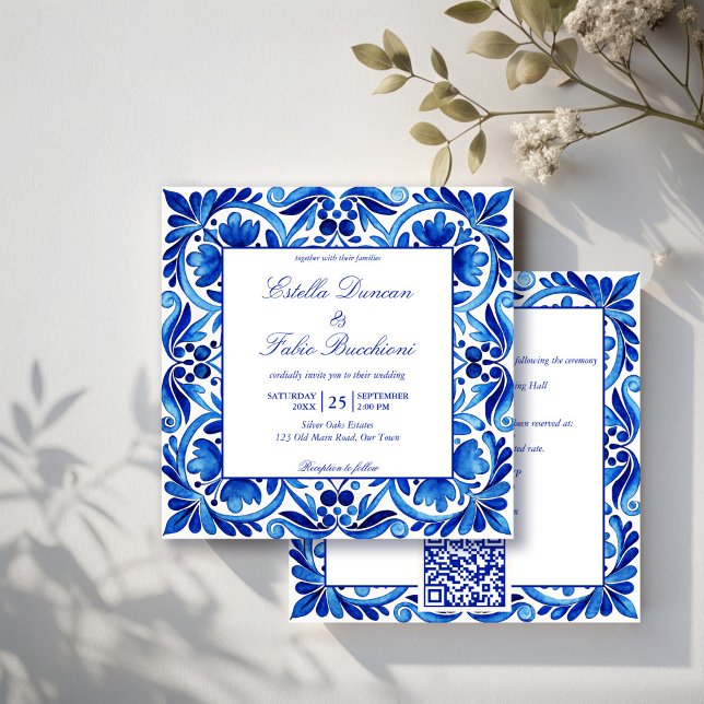 Convites Vintage Talavera Azulejo azulejos Azulejo (Vintage Talavera Azul blue tiles Mexican wedding Invitation cards with RSVP editable template)