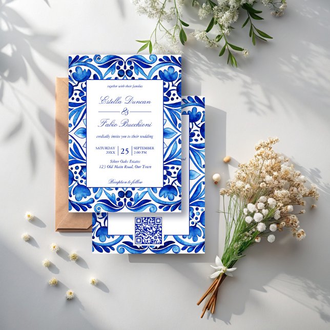 Convites Vintage Talavera Azulejo azulejos Azulejo (Vintage Talavera Azulejo blue tiles Mexican wedding Invitations with RSVP editable template )