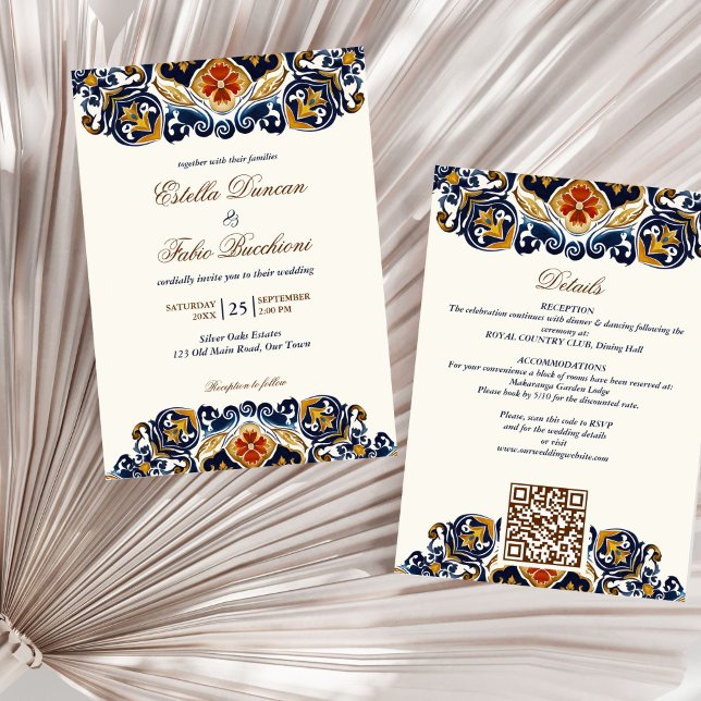 Convites Vintage Talavera Azulejo azulejos Azulejo (Vintage Talavera Azulejo blue tiles Mediterranean Spanish Mexican all in one wedding Invitation)