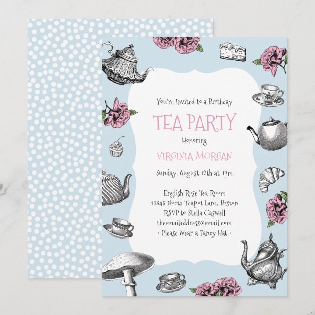 Convites Vintage Tea Party Birthday Baby Blue (Frente/Verso)