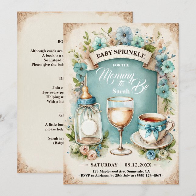 Convites Vintage Tea Party Boys Baby Sprinkle (Frente/Verso)