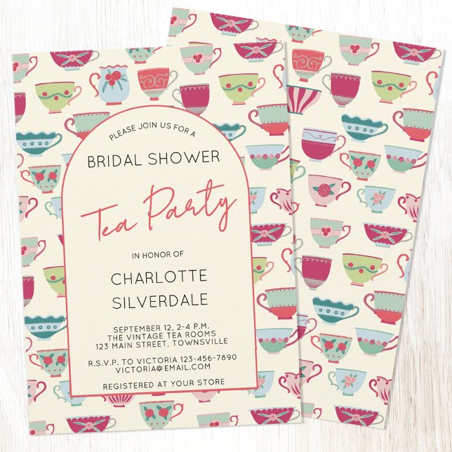 Convites Vintage Tea Party Bridal Shower Invitation (Modern vintage teacup bridal shower tea party invitation)