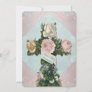 Convites Vintage Teal Blue e Pink Primeira Comunhão