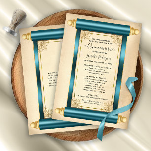 Convites Vintage Teal Dourada Scroll Elegante Quinceañera