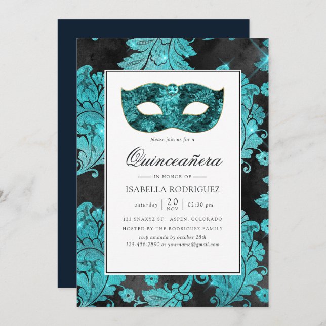 Convites Vintage Teal Mascarada Damask Quinceañera (Frente/Verso)