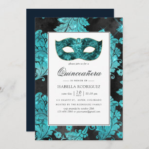 Convites Vintage Teal Mascarada Damask Quinceañera