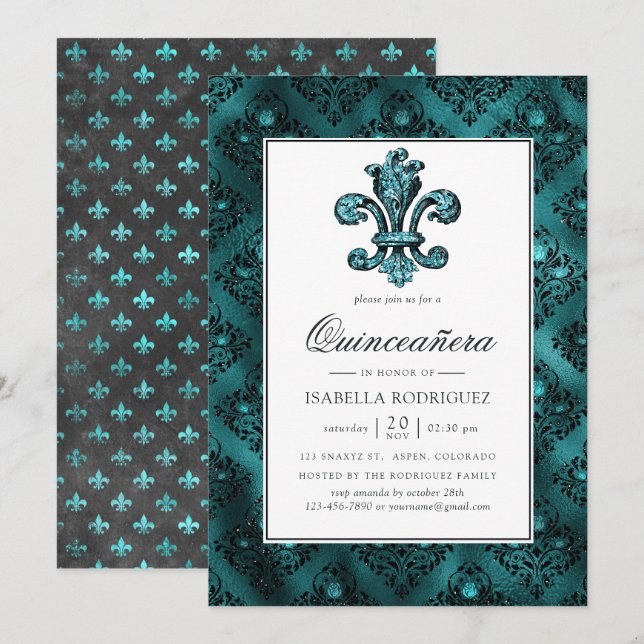 Convites Vintage Teal - Turquesa Fleur de Lis Quinceañera (Frente/Verso)
