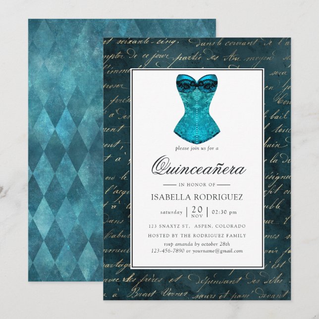 Convites Vintage Teal - Turquesa Mascarada Quinceañera (Frente/Verso)