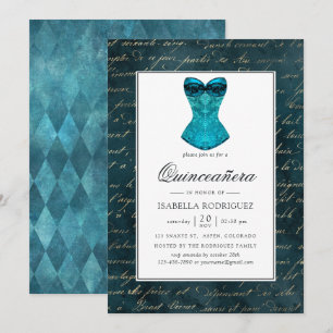 Convites Vintage Teal - Turquesa Masquerade Quinceañera